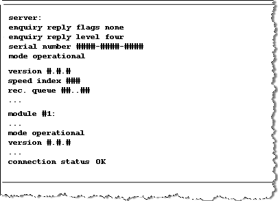 DOS Command Prompt window running the enquiry command displaying various details as well as the connection status OK